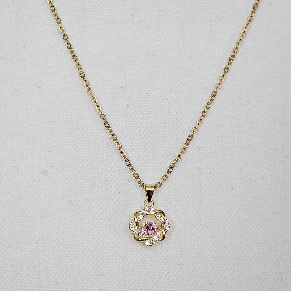 Simulated Pink Diamond Gold Tone New 14K Over Sterling Silver Pendant Necklace